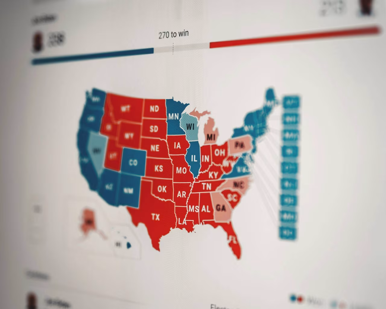 Verkiezingskaart VS met rode en blauwe staten, 270 to win overzicht kiesmannen voor Trump en J.D. Vance thema