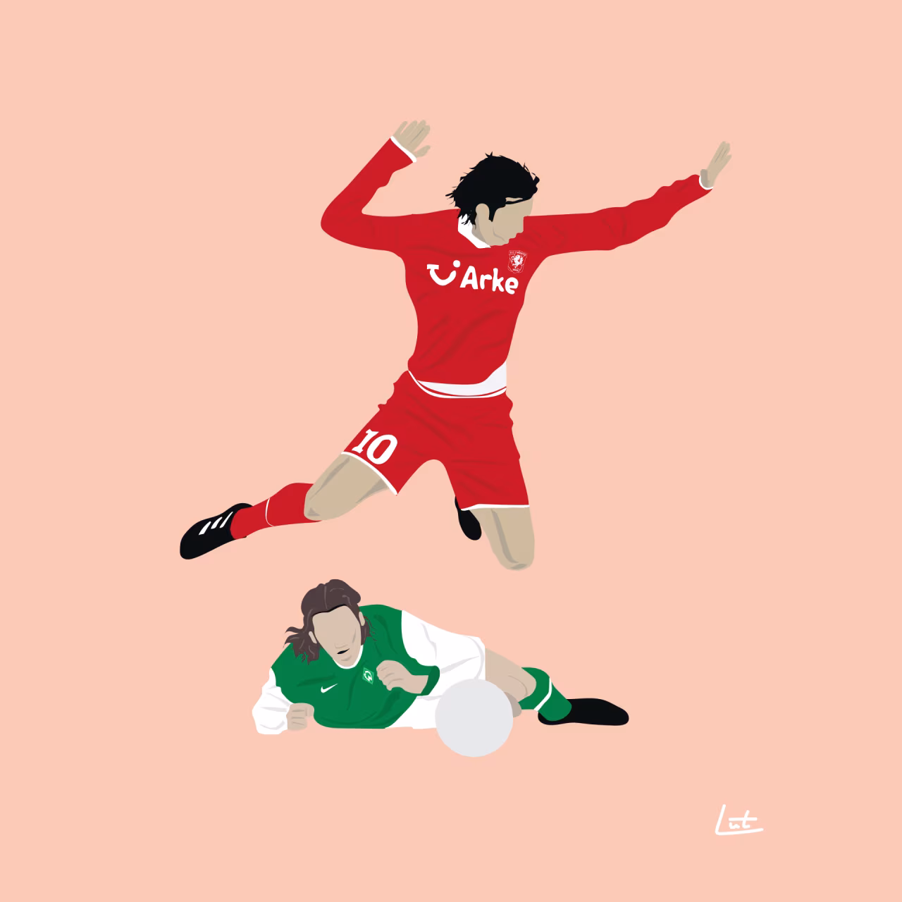 Illustratie springende speler in rood met nummer 10 en arke logo en liggende speler in groen-wit met bal wij gaan europa in