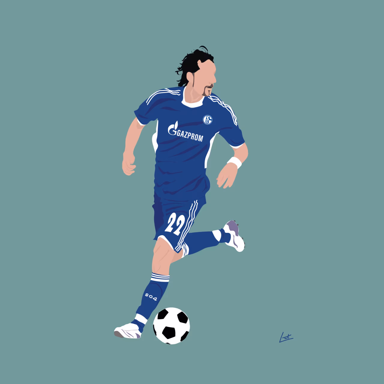 Digitale illustratie voetballer in actie nummer 22 donkerblauw tenue gazprom logo h2 de karavaan van gelsenkirchen
