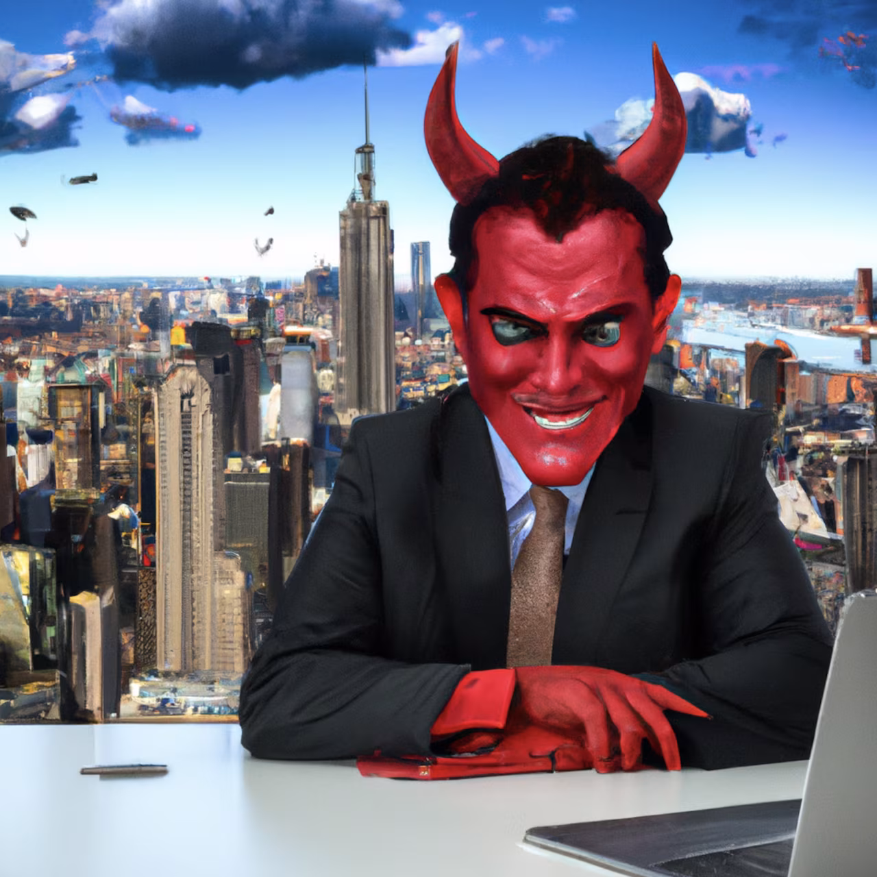 H2 Het spel van de bovenste verdieping: Duivelse zakenpersoon met rood gezicht, hoorns en pak werkt aan laptop in stedelijk kantoor.