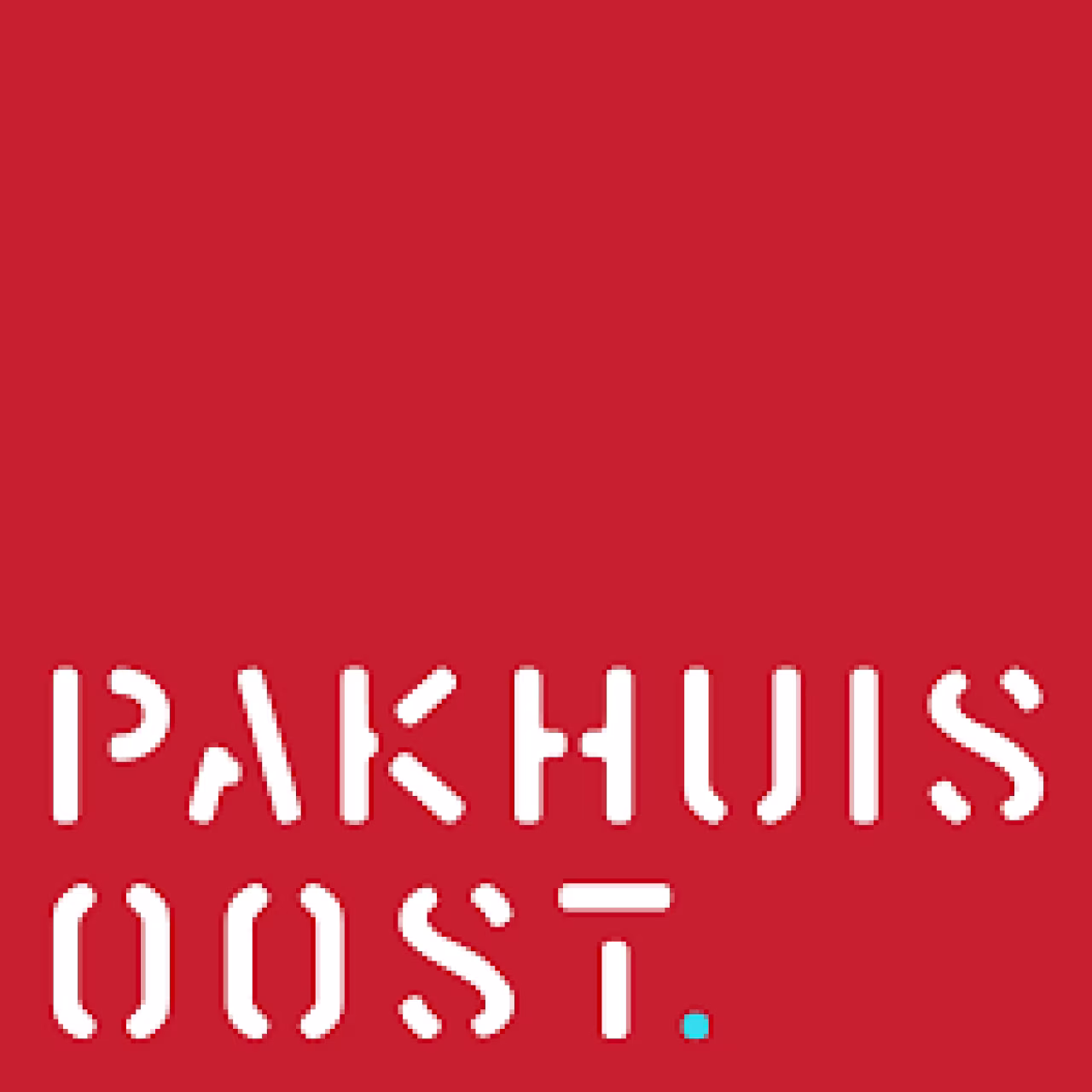 Logo pakhuis oost wit op rode achtergrond met blauw stipje toekomst twente debat tkk r