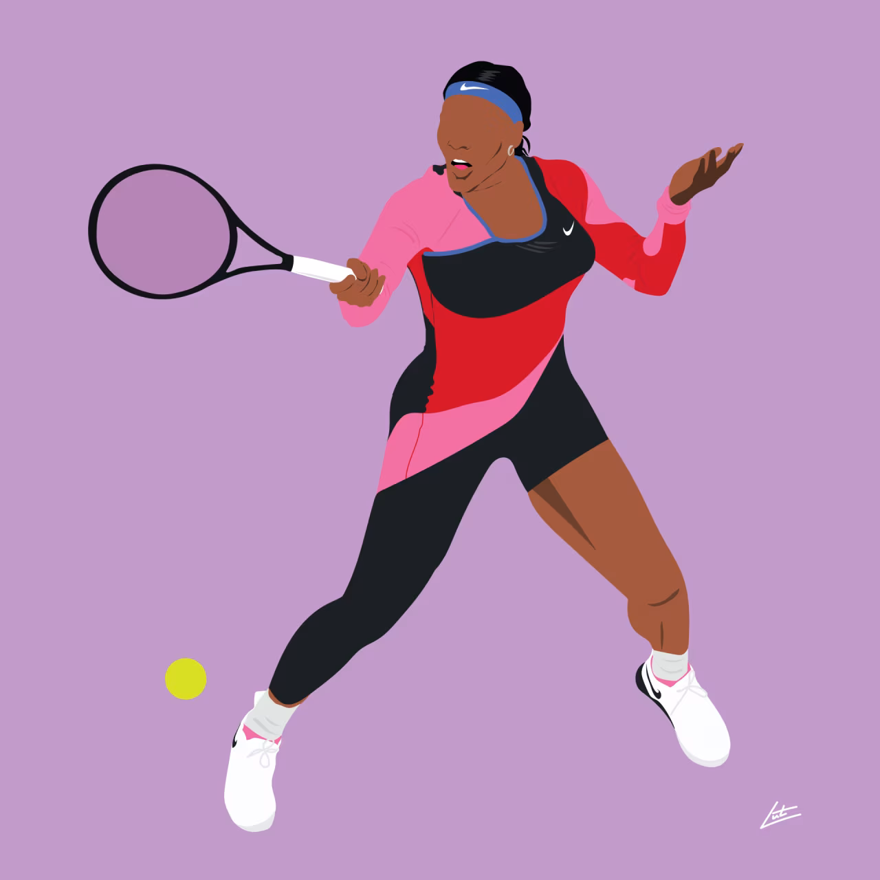 Digitale tekening van een tennisspeler die een forehandslag maakt met tennisbal op violietkleurige achtergrond als visualisatie bij Als Venus niet bestond