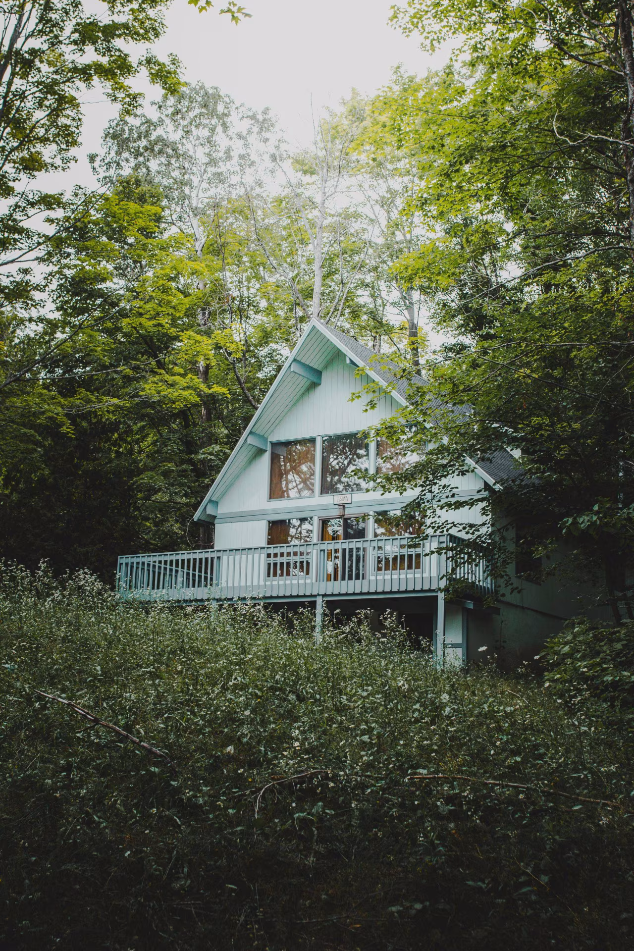 Houten vakantiehuis met groot raam en balkon in bosrijke omgeving, sfeer van rust. Verkoop vakantiehuizen loopt terug bij hoge prijzen