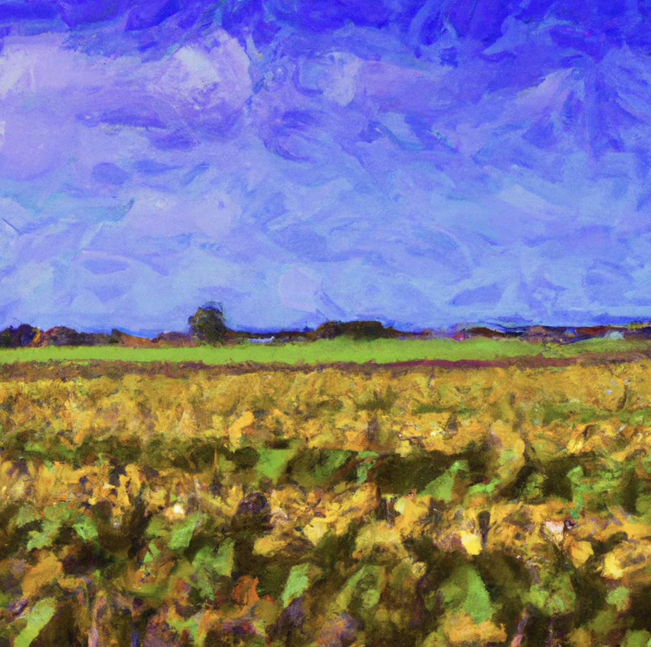 Schilderij veenzicht toont een landbouwlandschap met geelgroene velden, bomen aan de horizon en bewolkte blauwe lucht