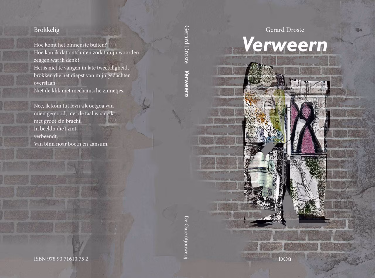 Omslag van poëziebundel Verweern door Gerard Droste met bakstenen muur patroon en abstracte collage