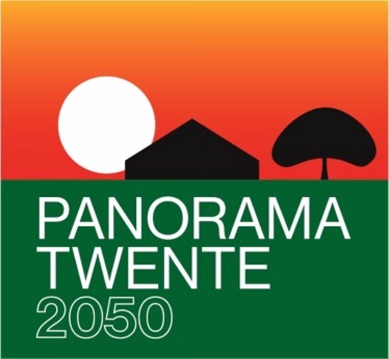 Grafisch ontwerp zonsondergang met silhouet huis en boom tekst panorama twente 2050 toekomst visie duurzame economie