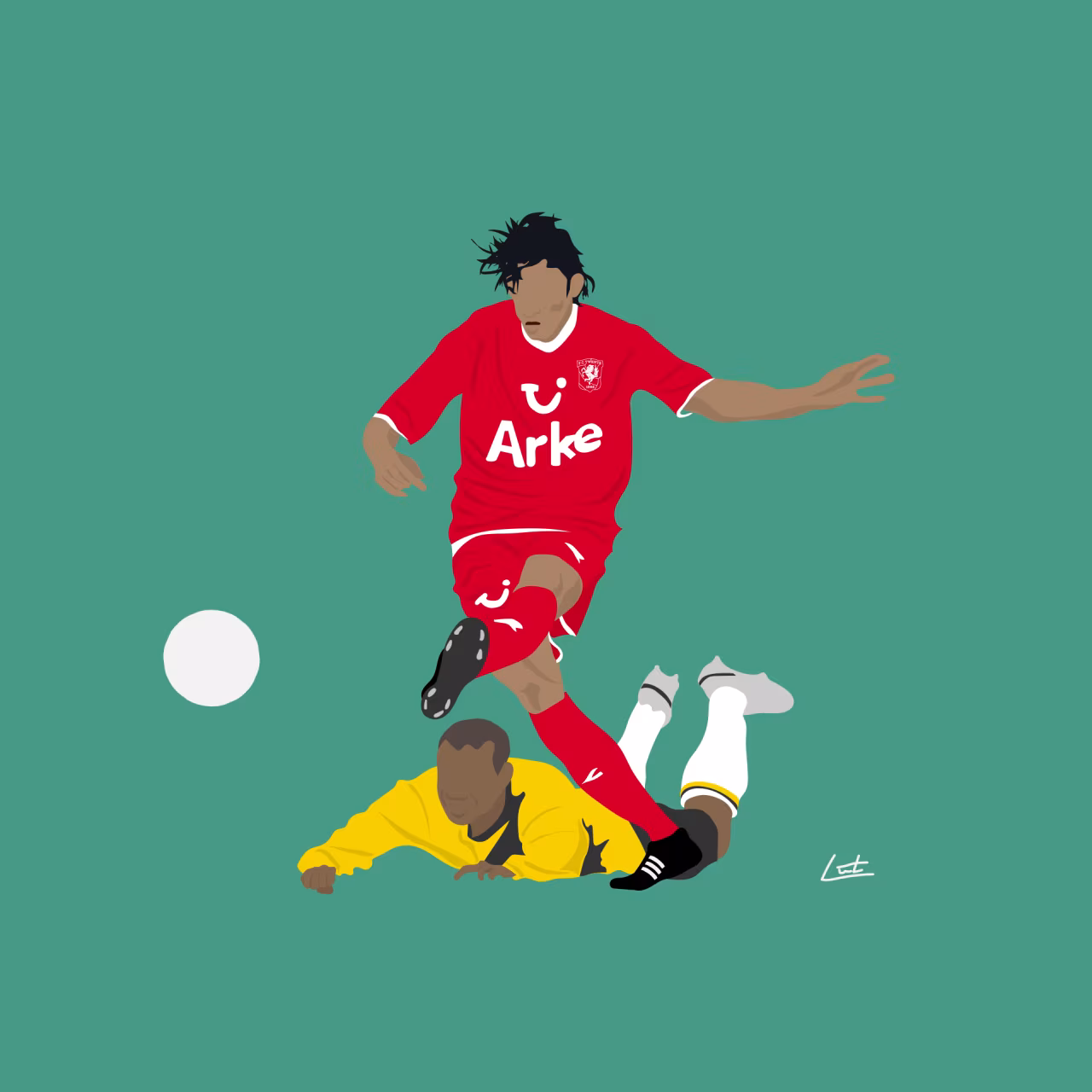 Digitale tekening van dynamisch voetbalmoment met speler rood arke die over gele speler springt alt toeval is logisch
