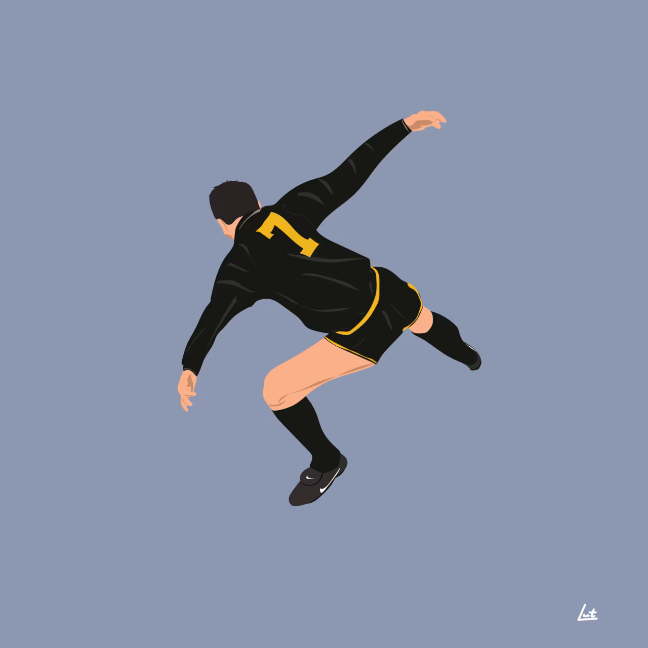 Tekening van een sporter met nummer 7 in zwarte outfit in beweging z alin zot artikel tkk r over sportgenie en gekte