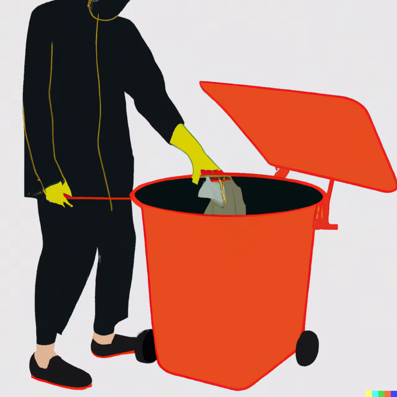 Digitale tekening figuur gooit afval in oranje kliko met open deksel, gele handschoenen. Illustratie afvalinzameling Twente Milieu #43 Charles Vinke, Maikel Vieregge