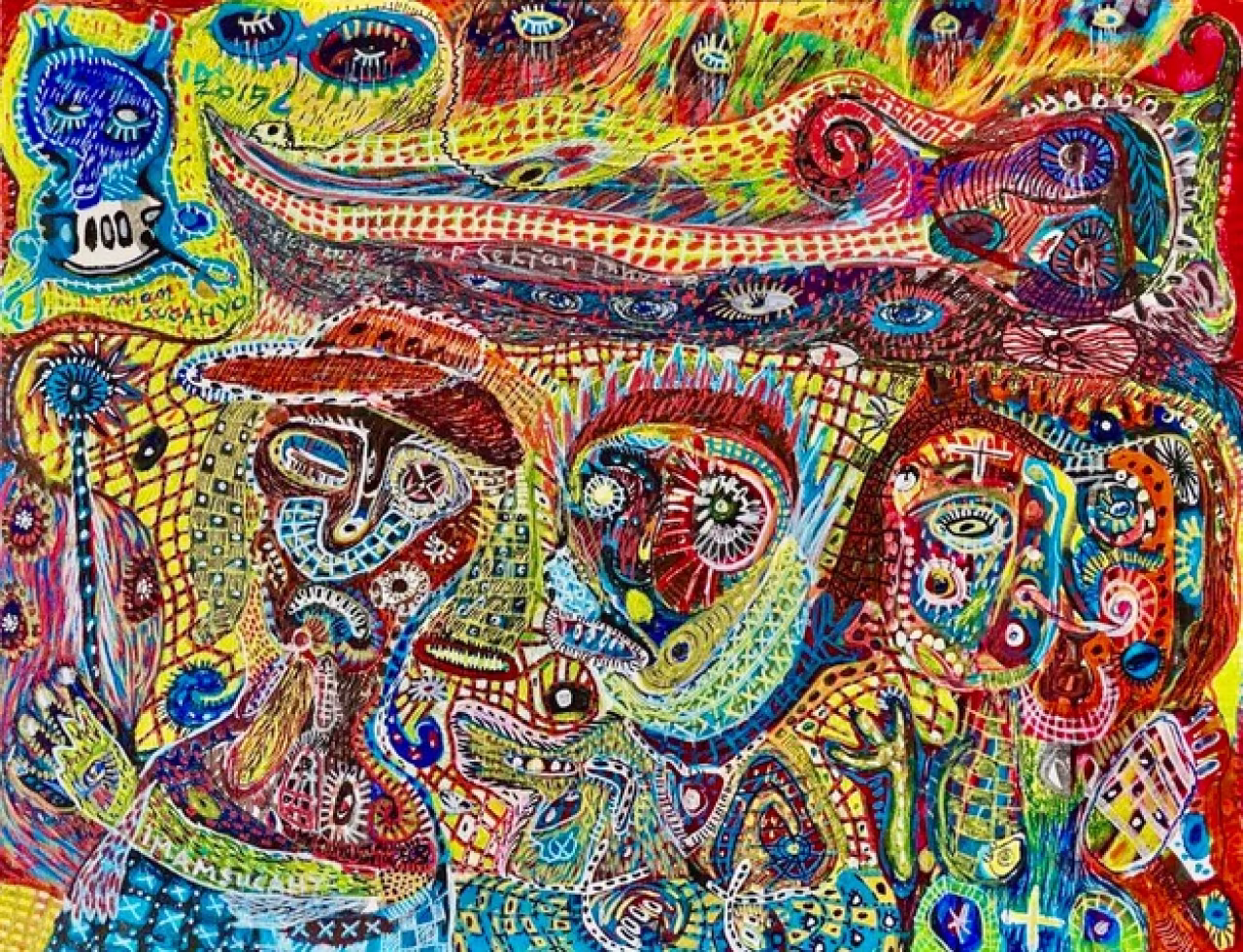 Abstract expressionistisch kunstwerk met kleurrijke patronen en gezichten art brut biënnale 2022