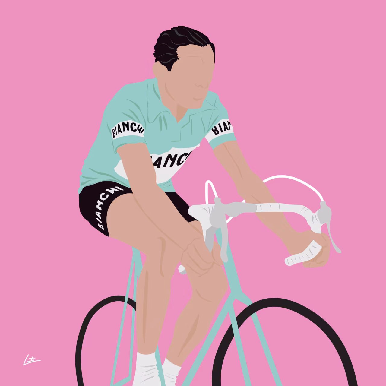 Digitale tekening Il Campionissimo met lichtblauwe Bianchi wielrenfiets en fietskleding, roze achtergrond