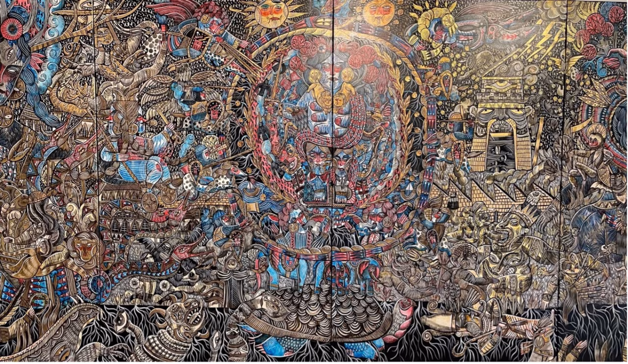 Internationale art brut biënnale met gedetailleerd schilderij in meso-amerikaanse stijl, culturele en spirituele symboliek