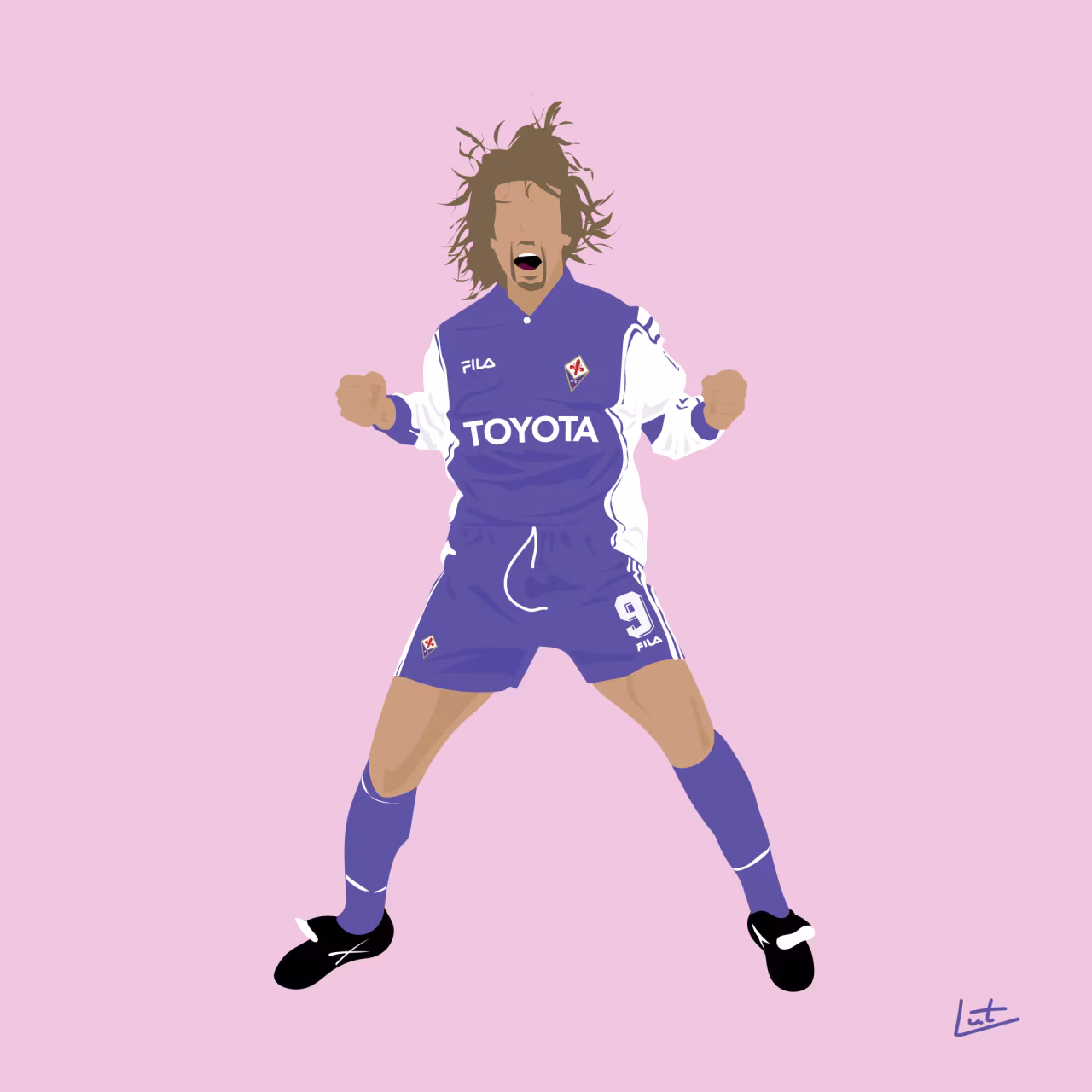 Voetbalspeler viert overwinning in paars fiorentina tenue met toyota en fila logo's h2 florence bakermat van vele kunsten