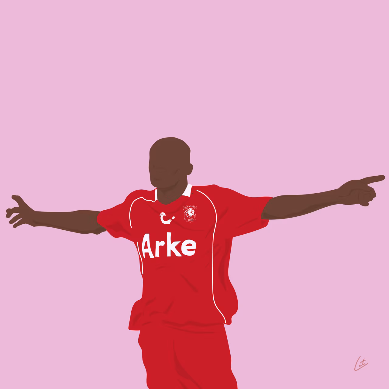 Digitaltekening van een sportfiguur in rood tenue met 'Arke' en logo, thema Spookspitsen bij TKKR Twente