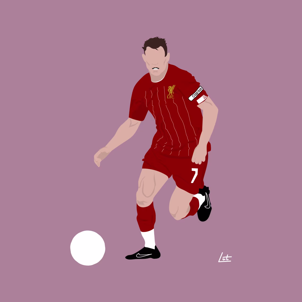 Digitale tekening van liverpool fc voetballer nummer 7 met aanvoerdersband, in actie met voetbal op paarse achtergrond
