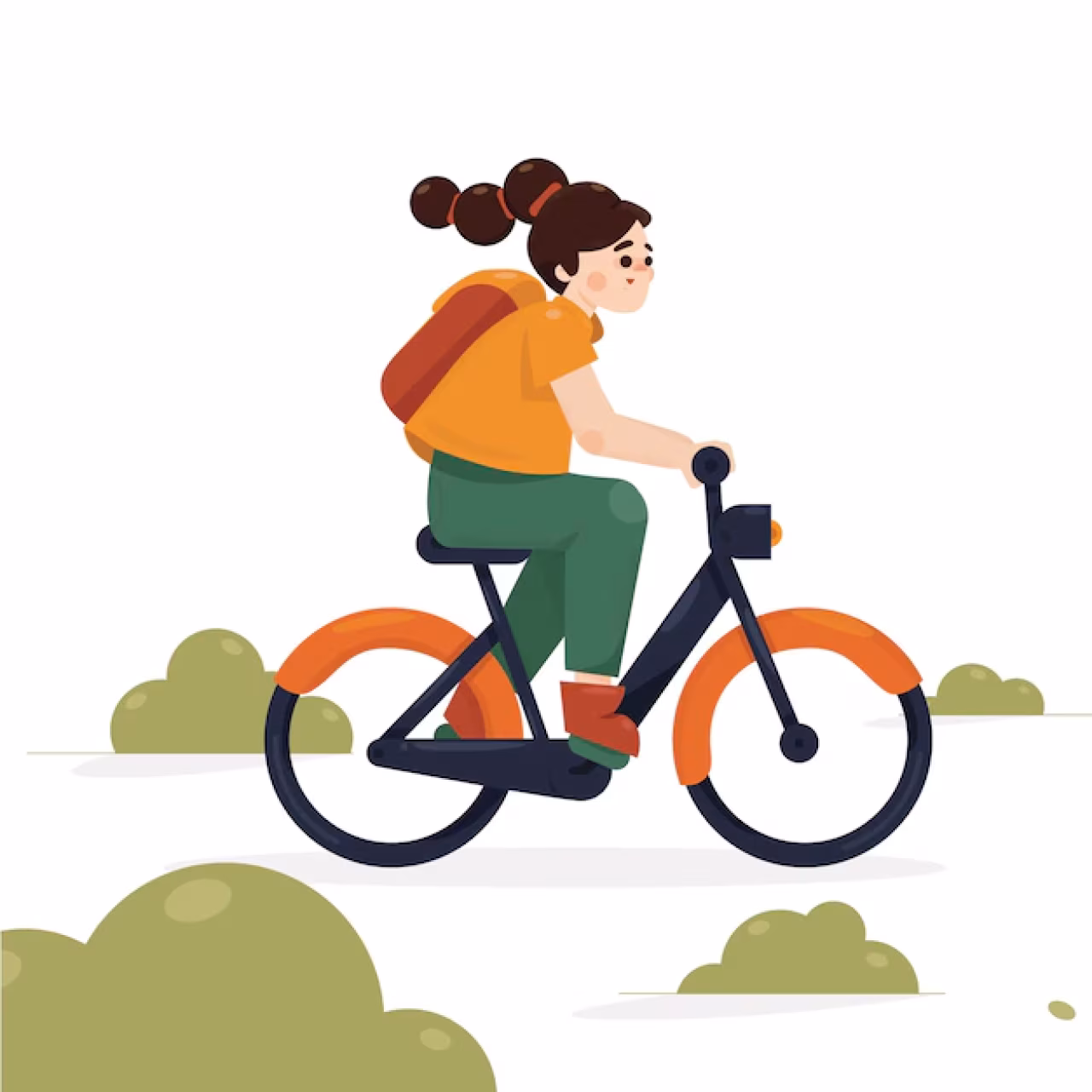 Digitale tekening van een persoon op een fiets met oranje details en rugzak tussen groene struiken, thema nieuwe levensfase