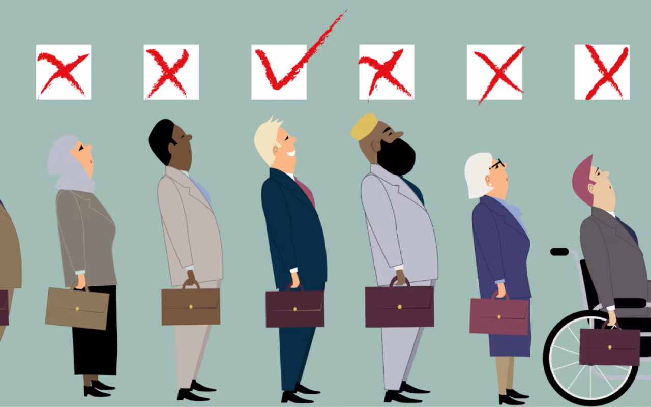 Studenten Saxion over arbeidsdiscriminatie met zeven figuren naast elkaar, een geselecteerd met rood vinkje