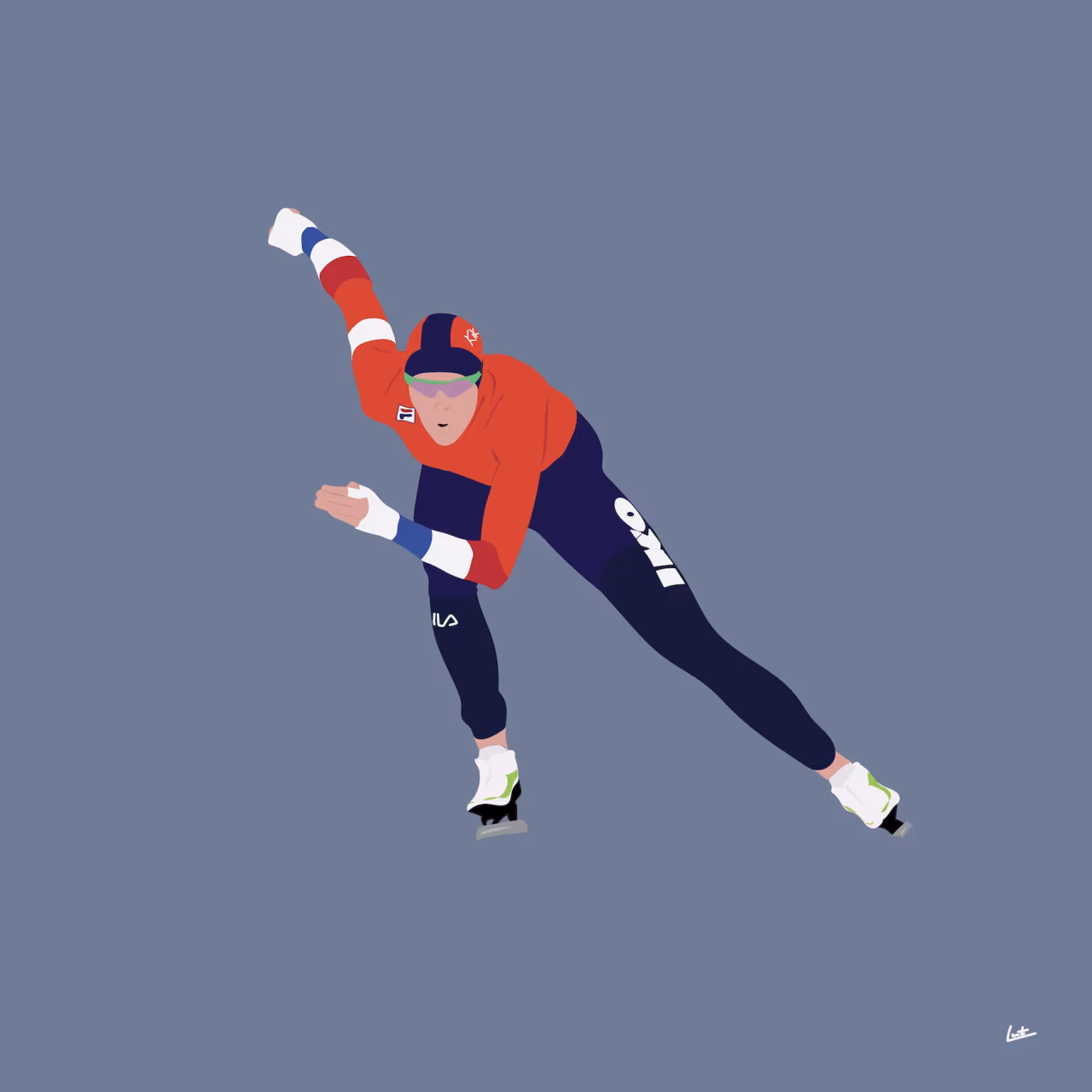 Digitale tekening schaatser in actie, rood shirt en helm, nadruk op dynamiek sportiviteit, h2 Jorien ter Mors: hashtag no filter