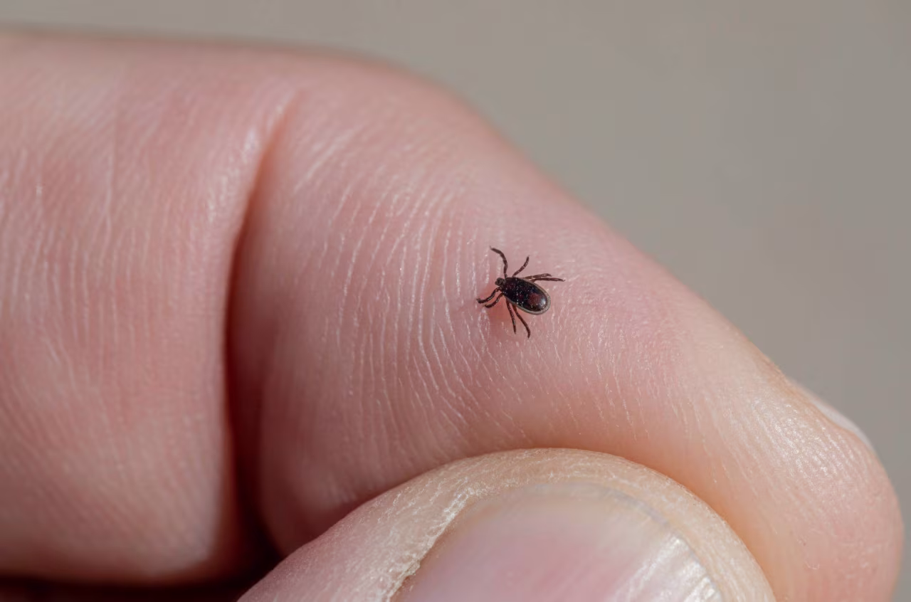 Nieuwsoverzicht 8 t/m 14 juli 2024 benadrukt gevaar tekenbeten op menselijke huid met close-up donkere teek op vingertop