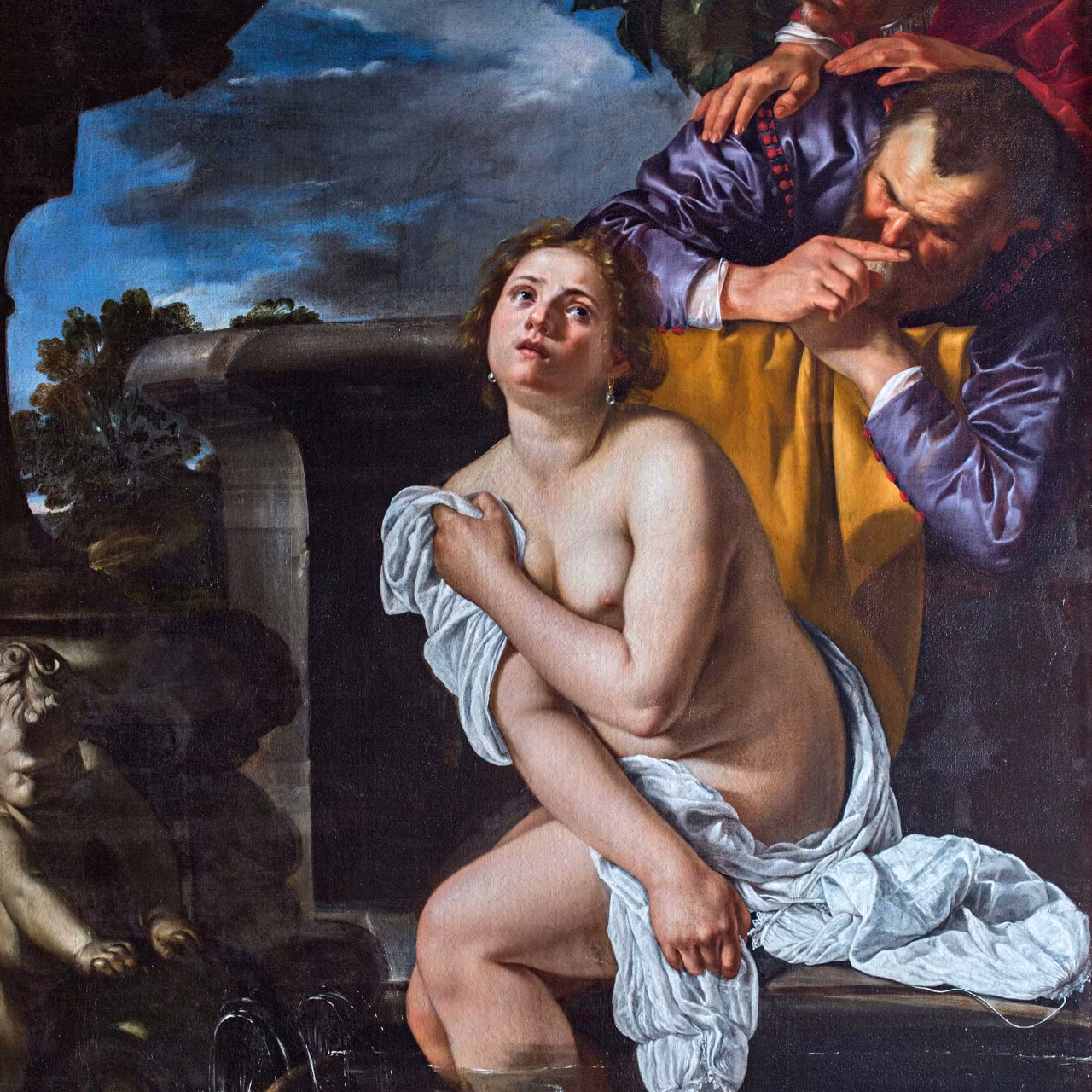 Schilderij 'Susanna en de Ouderlingen' door Artemisia Gentileschi toont naakte figuur met wit doek, dramatisch licht, symbool vrouw en macht barok