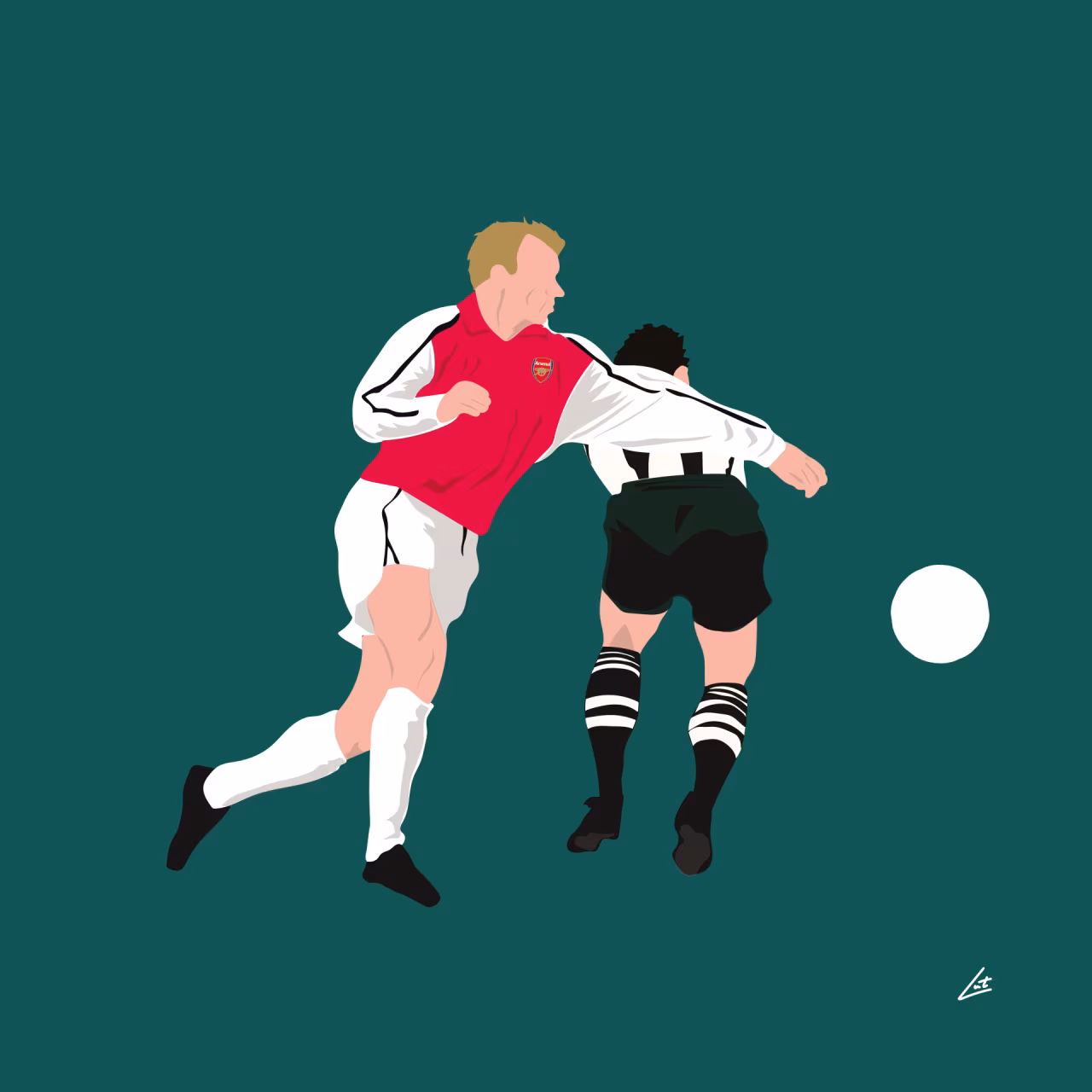 Gestileerde digitale tekening van voetbalduel met rode en zwart-witte outfit, dynamisch moment kopbalwedstrijd, voetbal actie dynamiek