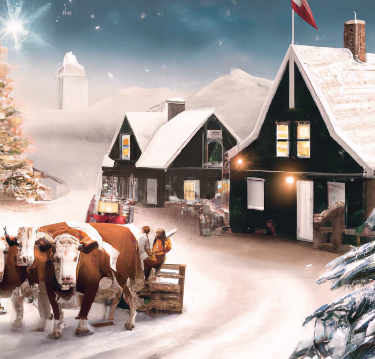 Winters tafereel met koeien voor een wagen, grote kerstboom en besneeuwd dorp, magie zit ’m in het samen leggen van de puzzelstukjes