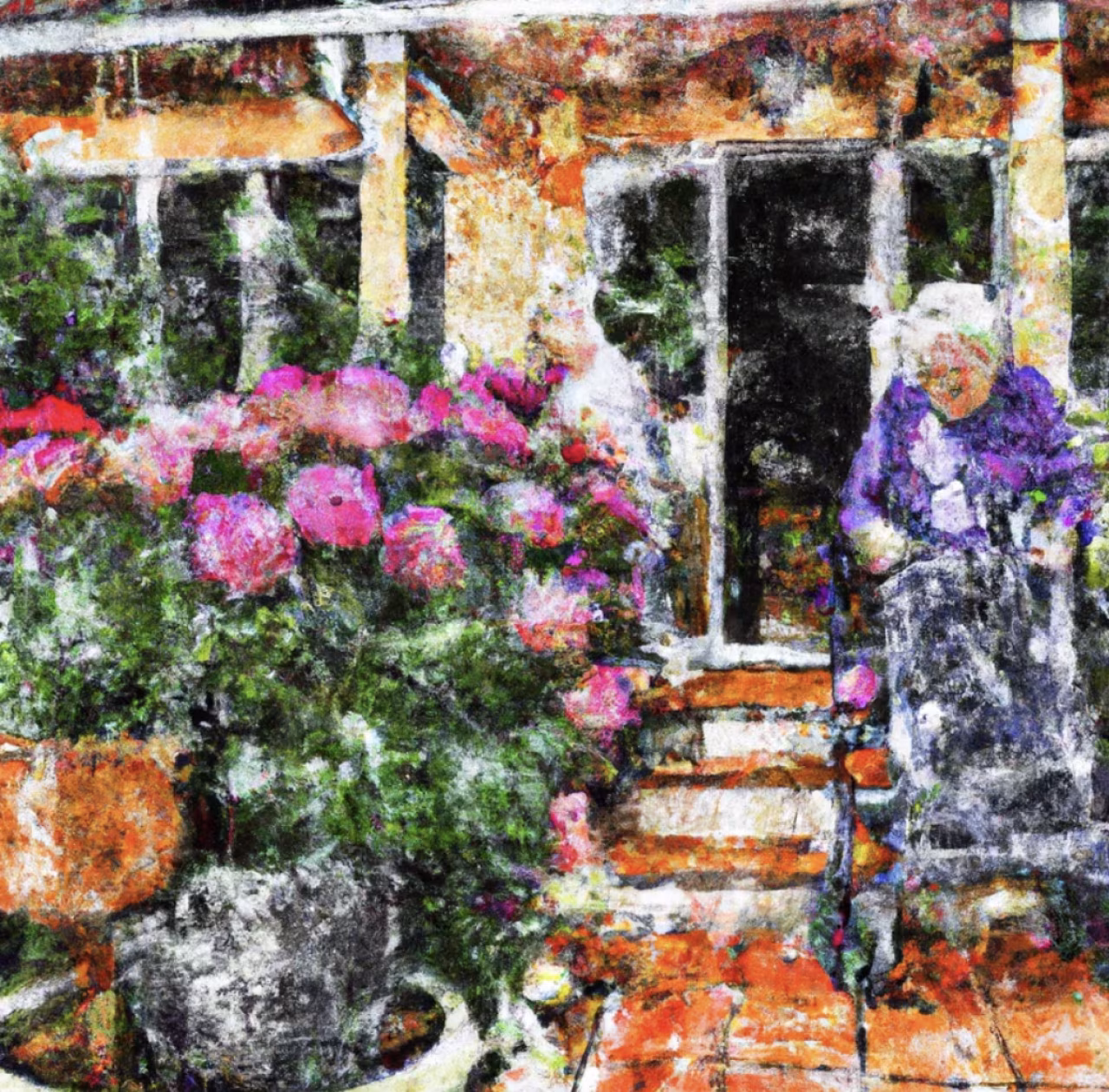 Schilderij buitenruimte met rollator bij deur en roze bloemen rustige sfeer zorgtoekomst andre kok opella