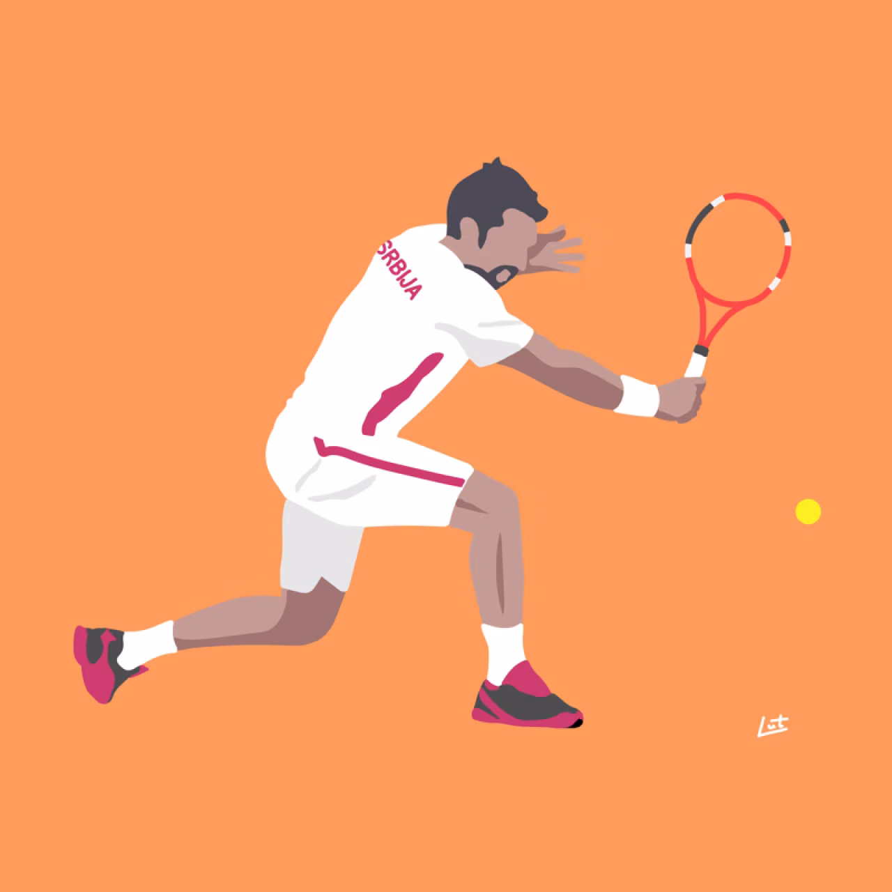 Illustratie tennisser met shirt serbia slaat bal in dynamisch moment oranje achtergrond in rust ligt de kracht