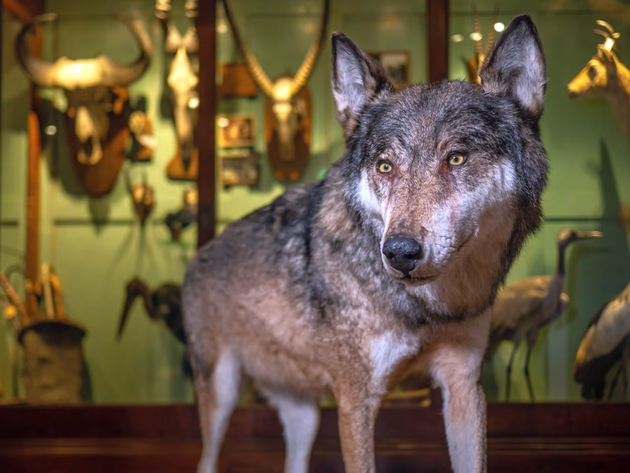 Expositie over de wolf in museum natura docet met prominente opgezette wolf centraal in beeld met dierkoppen op de achtergrond