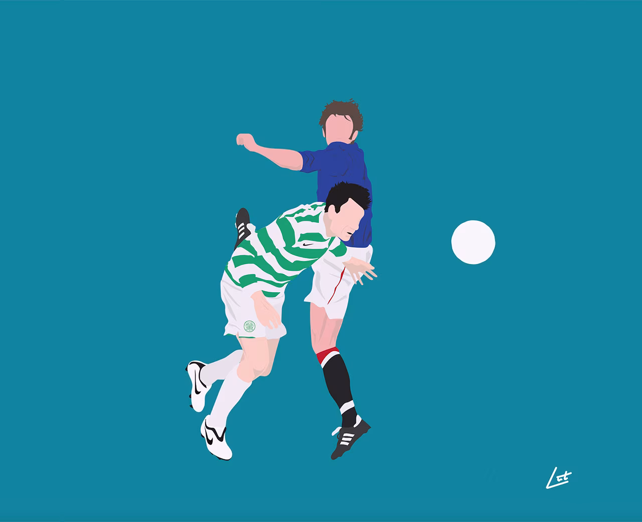 Digitale tekening van voetbalduel met sprong om balkop, focus op sportactie in context van hoe een boeskool Glasgow op z’n kop zette