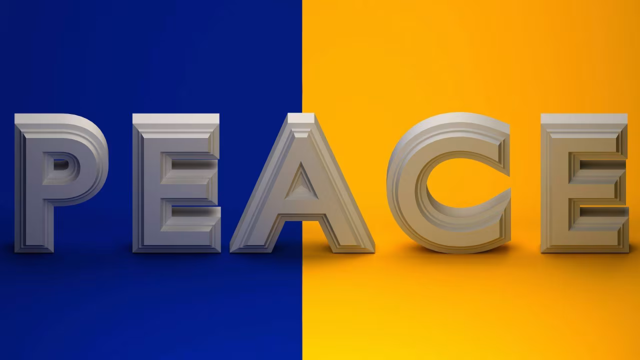 3D letters PEACE centraal op blauwe en oranje achtergrond in artikel De oorlog in Oekraïne van ma 10 februari t/m zo 16 februari 2025