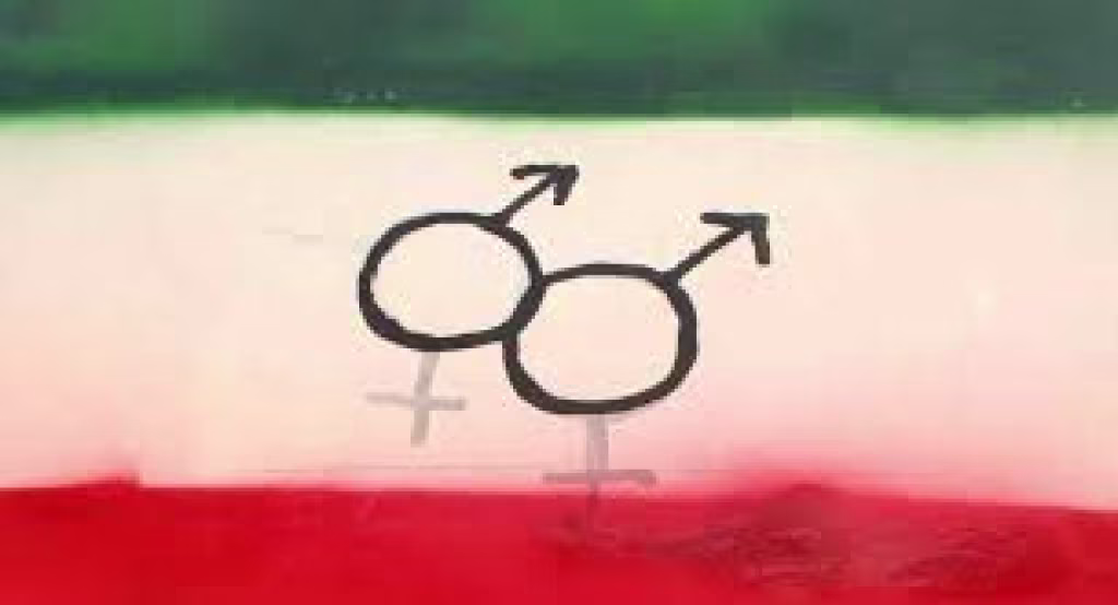 Vlag van Italië met twee zwarte mannelijke gender-symbolen op witte strook, thema homoseksualiteit, h2 titel Herenleed