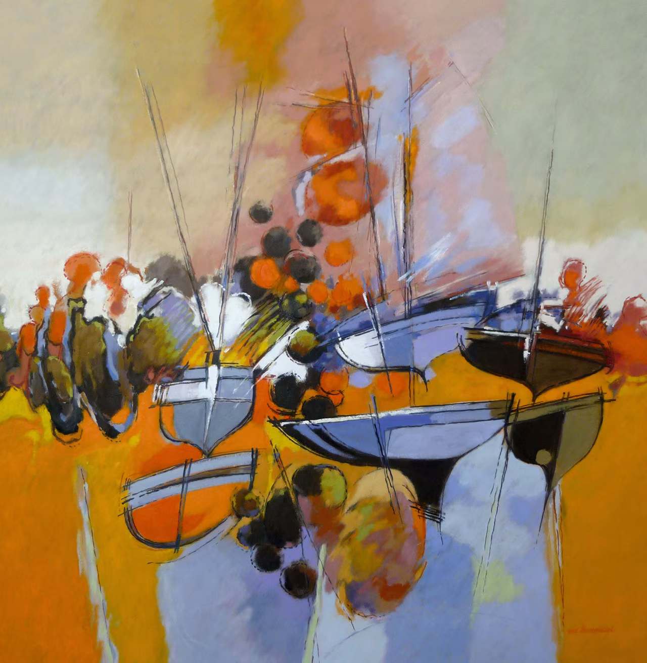 Abstracte schildering met afgeronde vormen als boten in oranje, geel, paars en grijs – landschappen van hendrik van veenendaal bij de pook