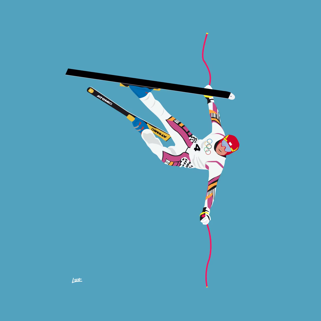 Illustratie van een freestyle skiër die een spectaculaire acrobatische sprong maakt tegen een blauwe achtergrond, benadrukt in Hermann Maier meer arend dan mens