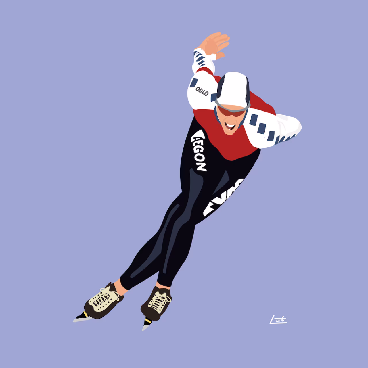Digitale tekening van een schaatser in actie met teksten aegon en ddlo, thema natuurijs van amsterdam tot zenderen