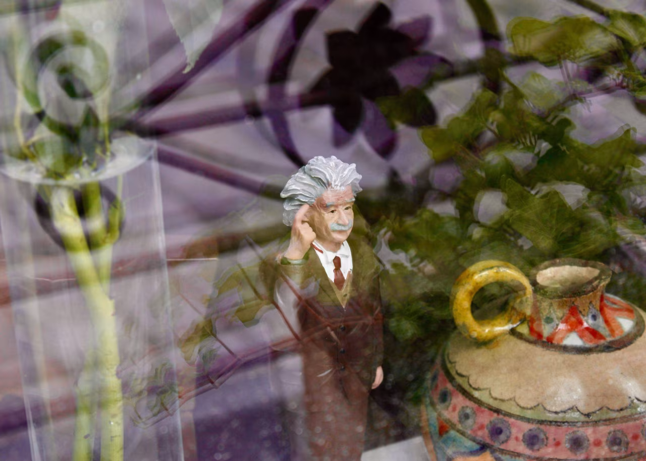Historische natuurkundige figurine Albert Einstein met witte haren en snor, artistiek gesymboliseerd naast versierde pot en planten, bij debat politieke verhoudingen