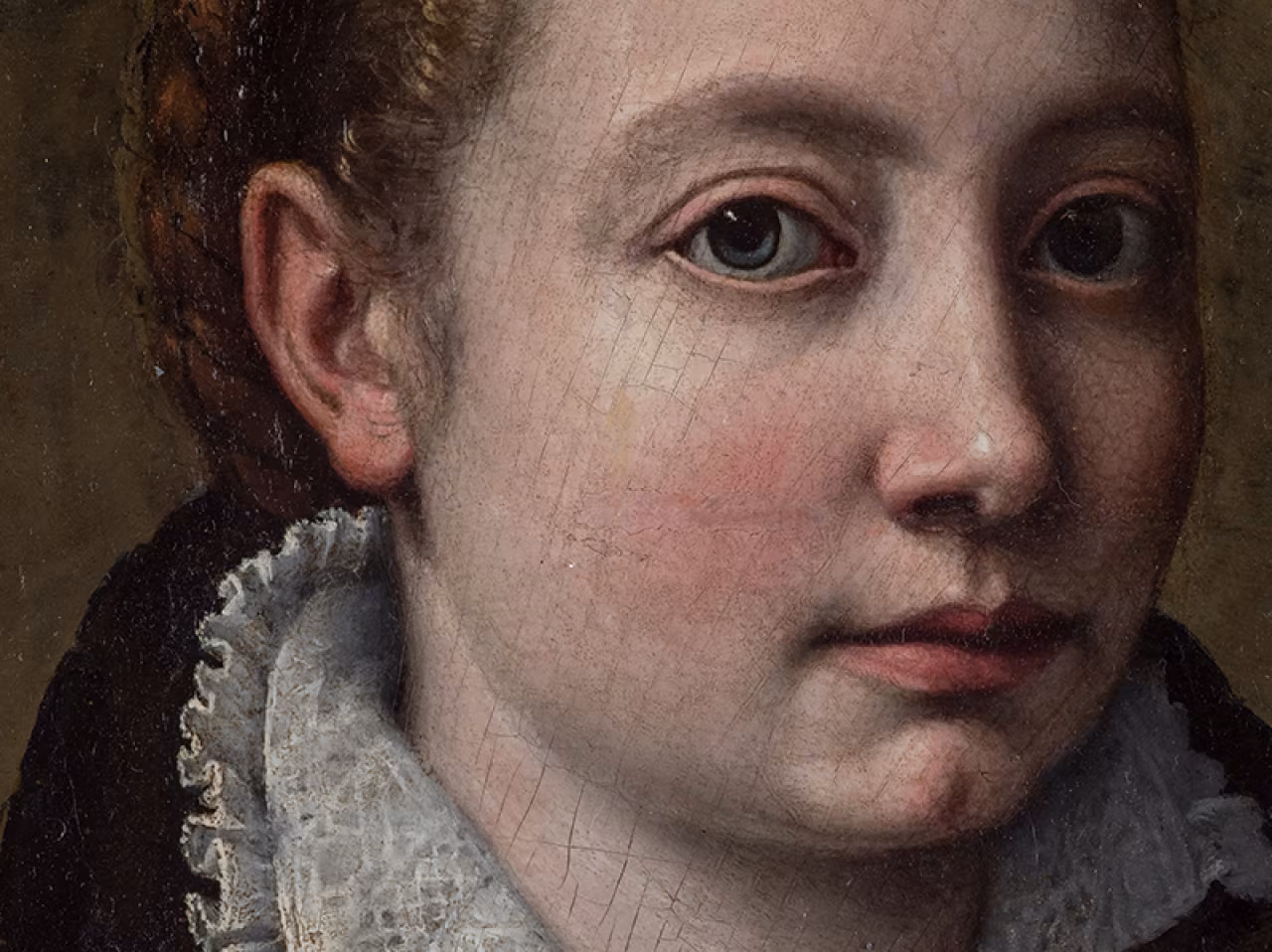 Feestelijke salon bij opening expositie Sofonisba Anguissola toont gedetailleerd portret uit renaissance met kantkraag