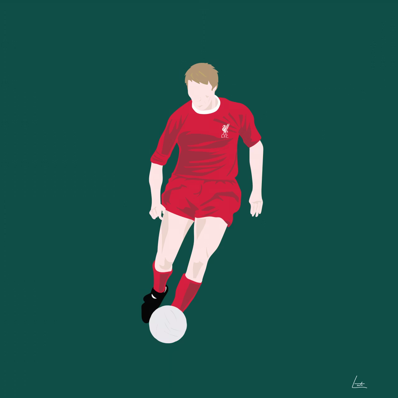 Digitale illustratie van een voetbalspeler in rode tenue met logo op borst en donker groene achtergrond bij boxing day voetbal