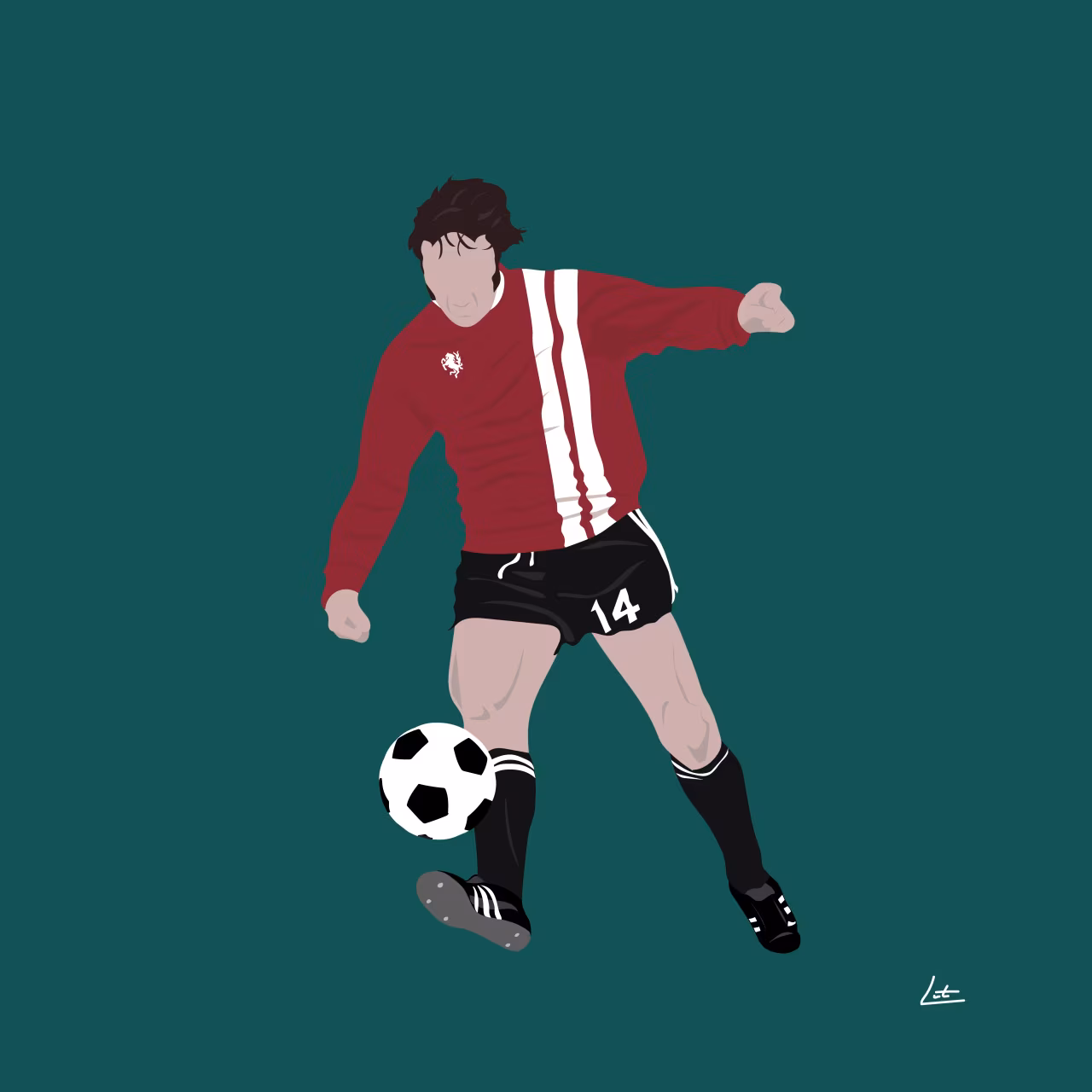 Digitale tekening van voetballer nummer 14 in rood shirt die bal schiet op groene achtergrond standbeeld met eeuwige glimlach