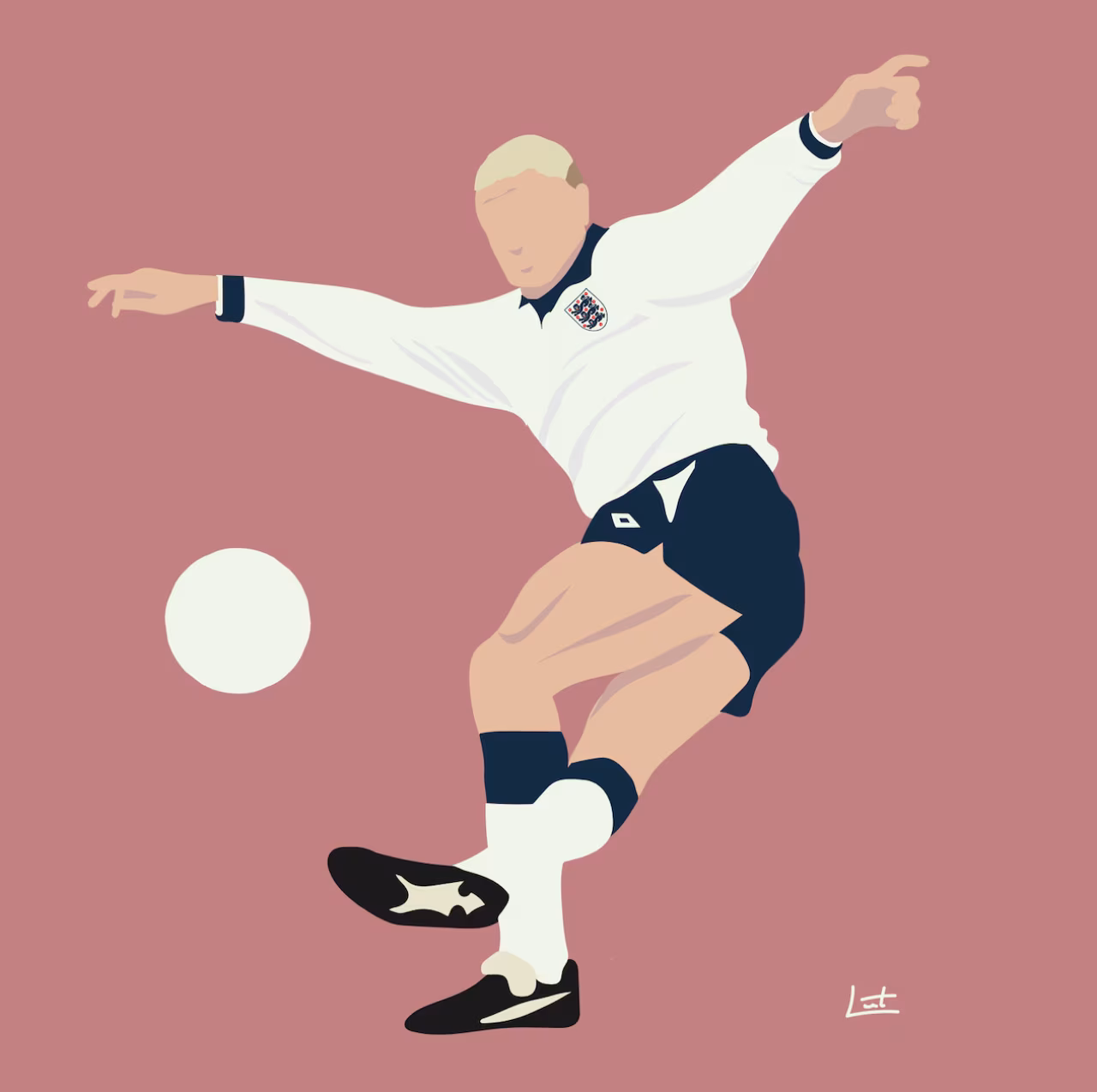 Illustratie van voetballer in actie met rechterbeen uitsteken op effen roze achtergrond bij Is football coming home?