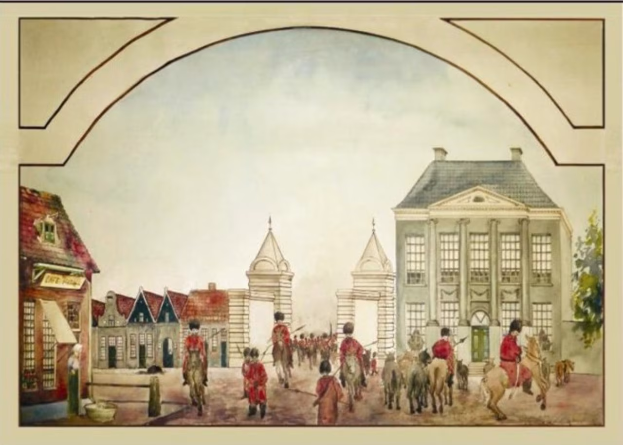 Tekening van novotsjerkassk met kozakken te paard en historische poorten in focus novotsjerkassk en de twentse paardrijkunst