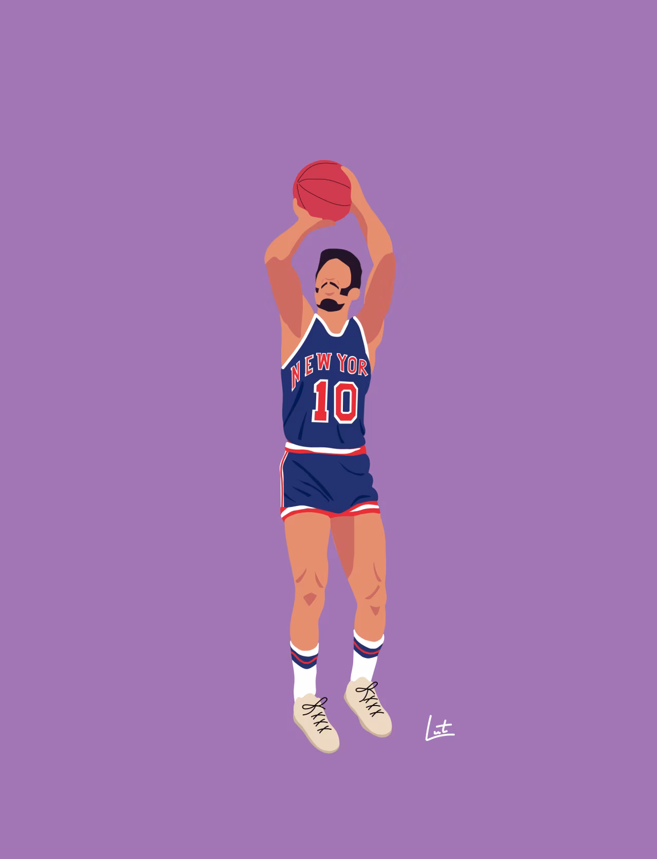 Digitale tekening basketbalspeler met blauw new york shirt nummer 10 maakt worp paars vlak achtergond limiet van een droom is onbegrensd