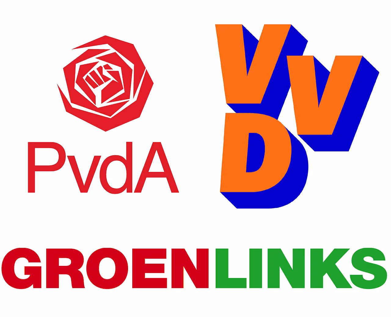 Nieuwsoverzicht politieke logo's PvdA rode roos, VVD oranje letters, GROENLINKS rood-groen in Twents mediaplatform