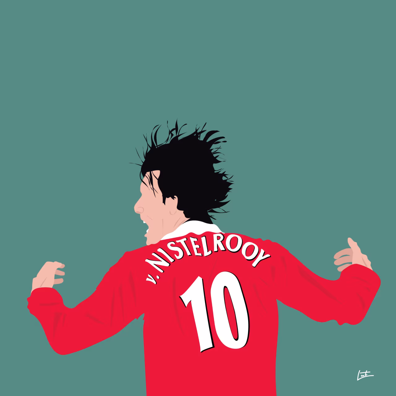 Digitale tekening van voetballer V. Nistelrooy met rood shirt en nummer 10, thema Wat je bent maakt je rijk