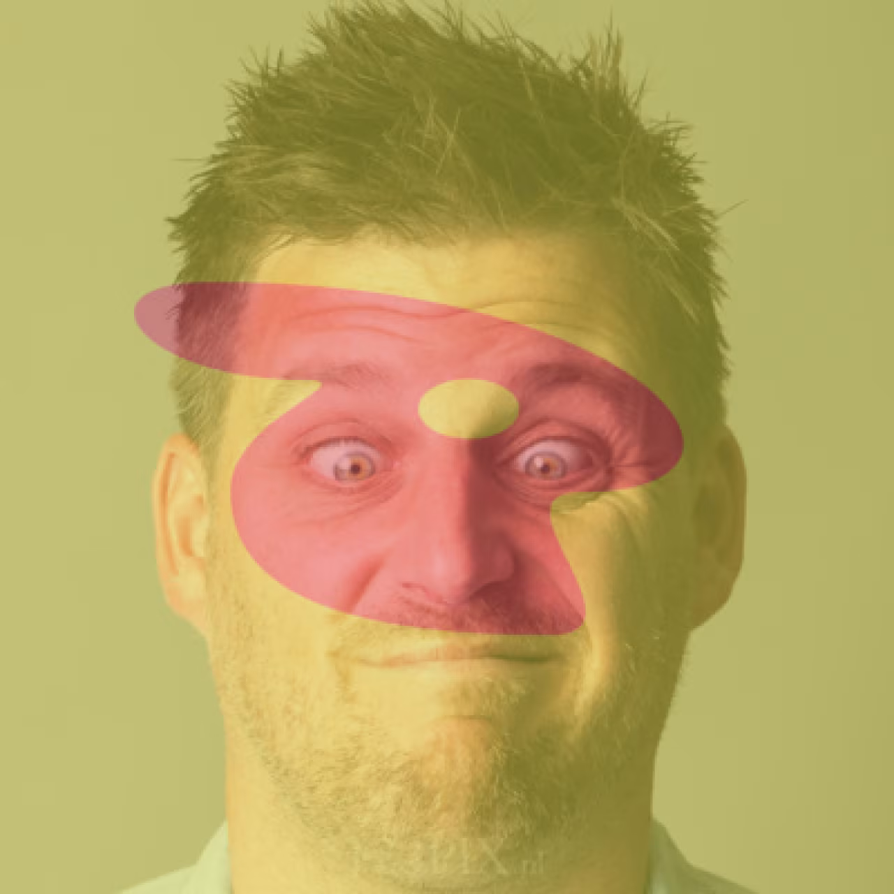 Portret van Slimerick-Meister Johan Kampman met artistiek rood schilderspalet overlay, context Slimericks en Twents Mediaplatform