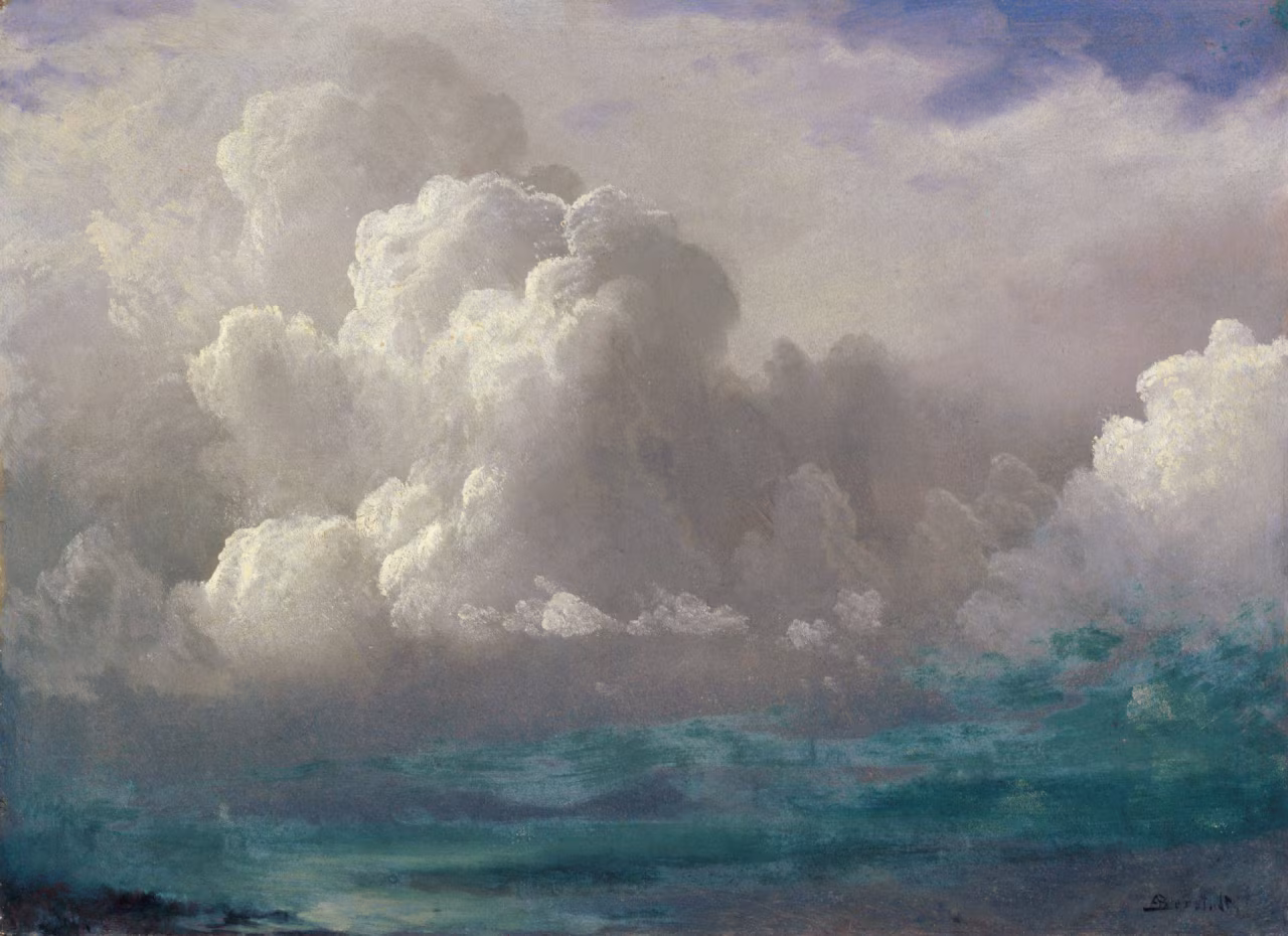 Schilderij toont dramatische wolkenformatie boven water en vegetatie met handtekening rechts onderaan h2 waaien
