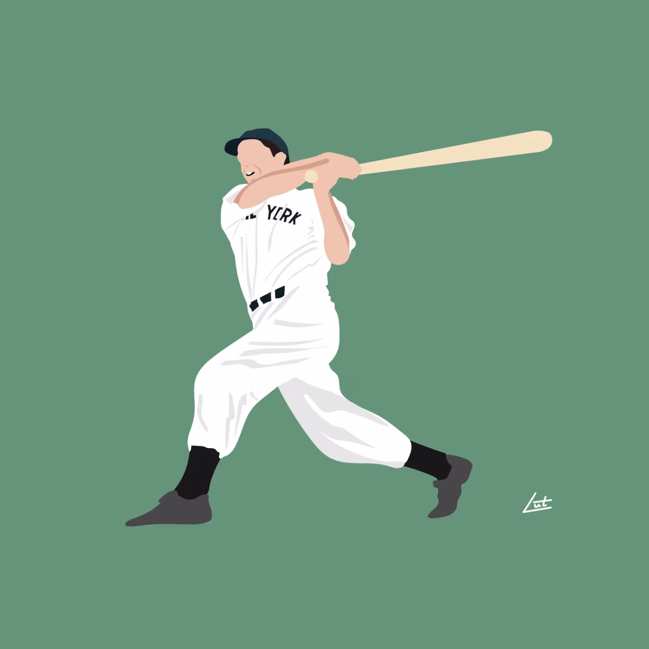 Tekening van honkbalspeler in actie met tekst YERK op shirt. Illustratie bij 'Where have you gone, Joe DiMaggio?' over sportverhalen.