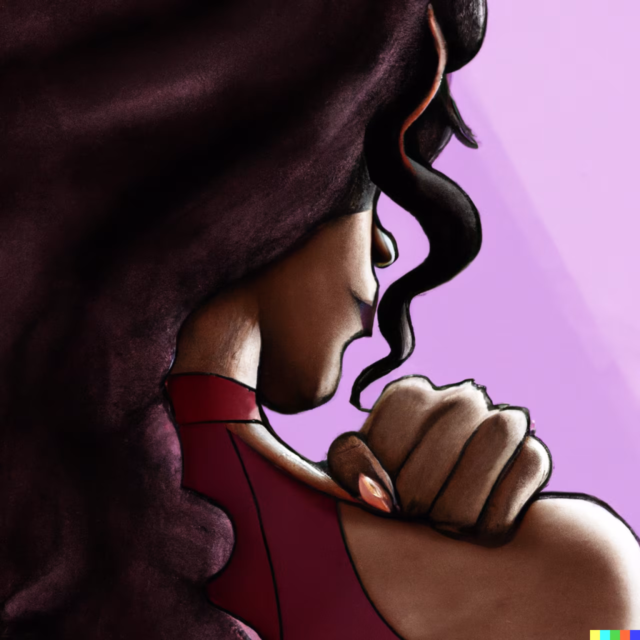 Digitale tekening zijaanzicht contemplatief moment met hand op schouder paars achtergrond thema moed