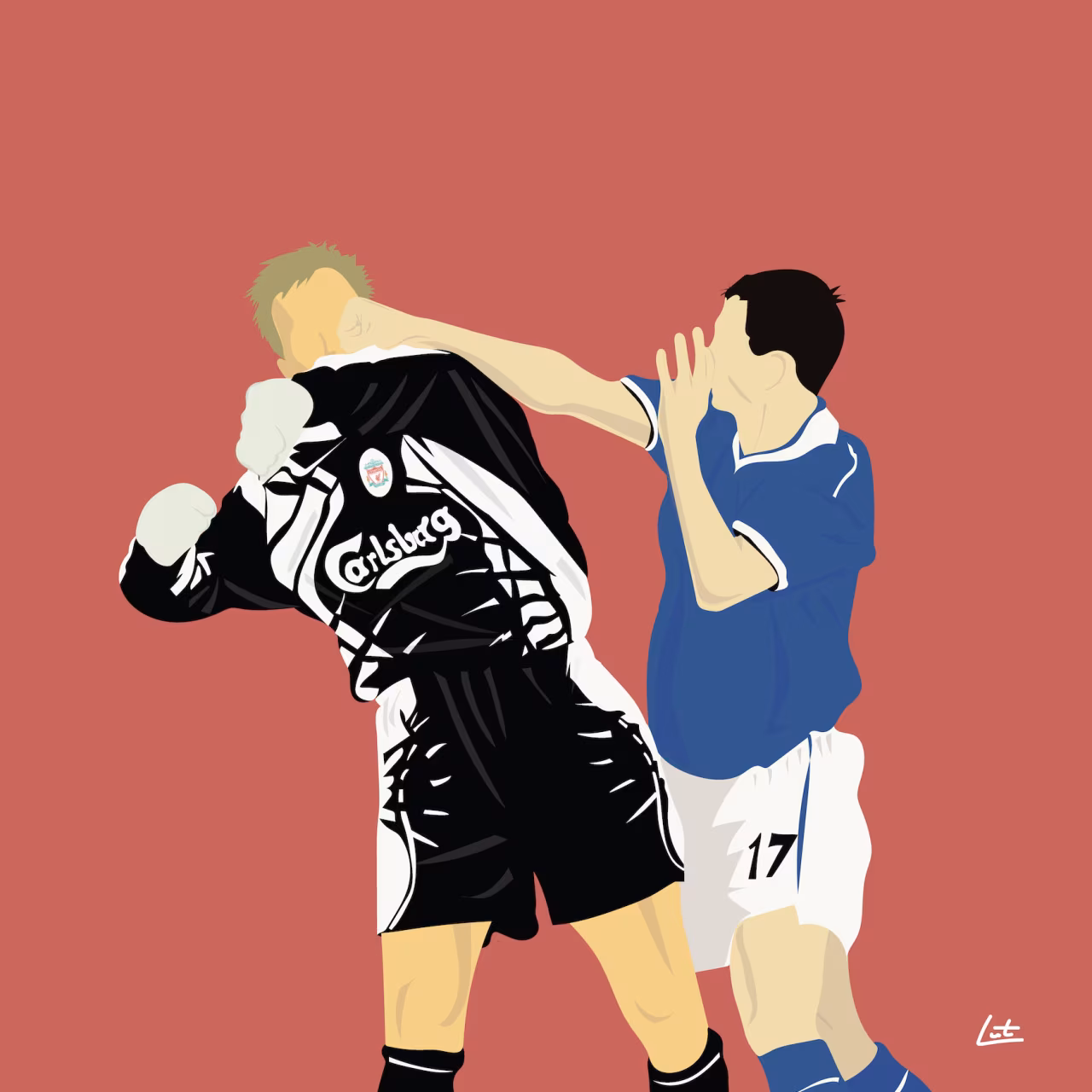 Digitale tekening van voetbalduel met spelers Carlsberg en nummer 17, illustratie bij artikel 'Die andere Sander' over FC Twente