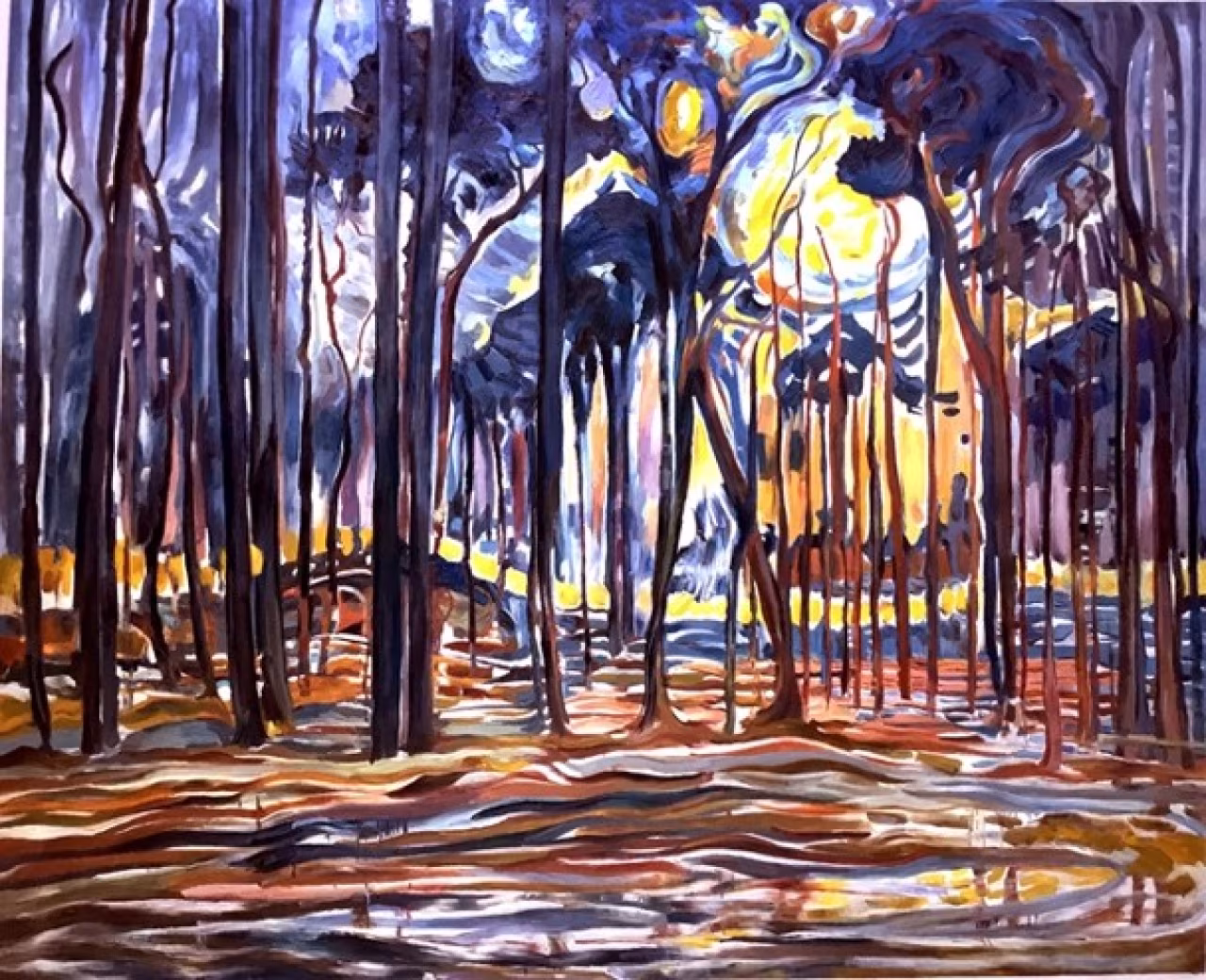 Schilderij bos bij oele mondriaan 1907 hoge bomen gele zon paarse lucht mysterie diepte over de twentse roots van mondriaan